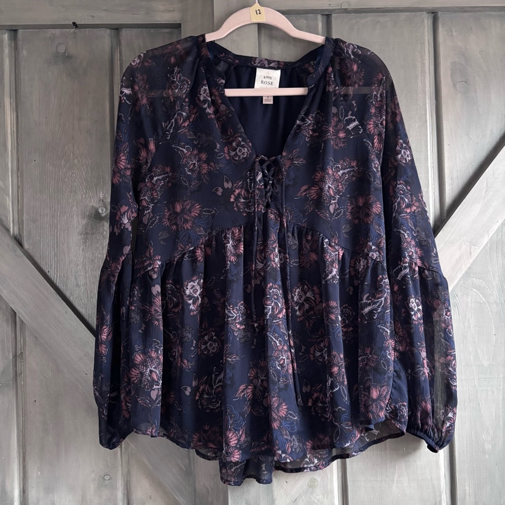 Knox Rose Floral Peasant Blouse Small Boho Cottagecore Sheer Balloon Sleeve Top - Picture 2 of 9